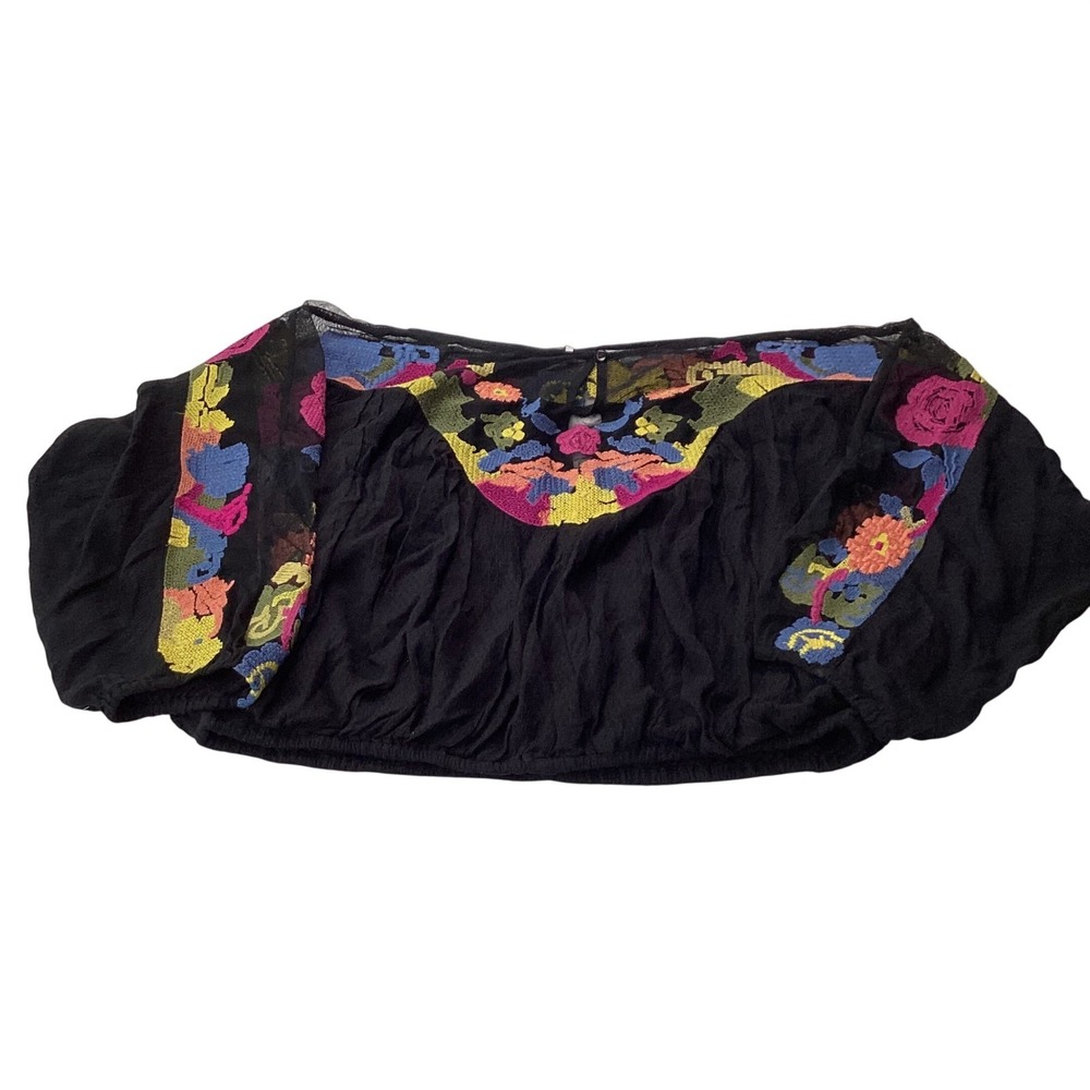 Free People Black Floral Embroidered Mesh Off‎ Shoulder Crop Top Blouse Medium